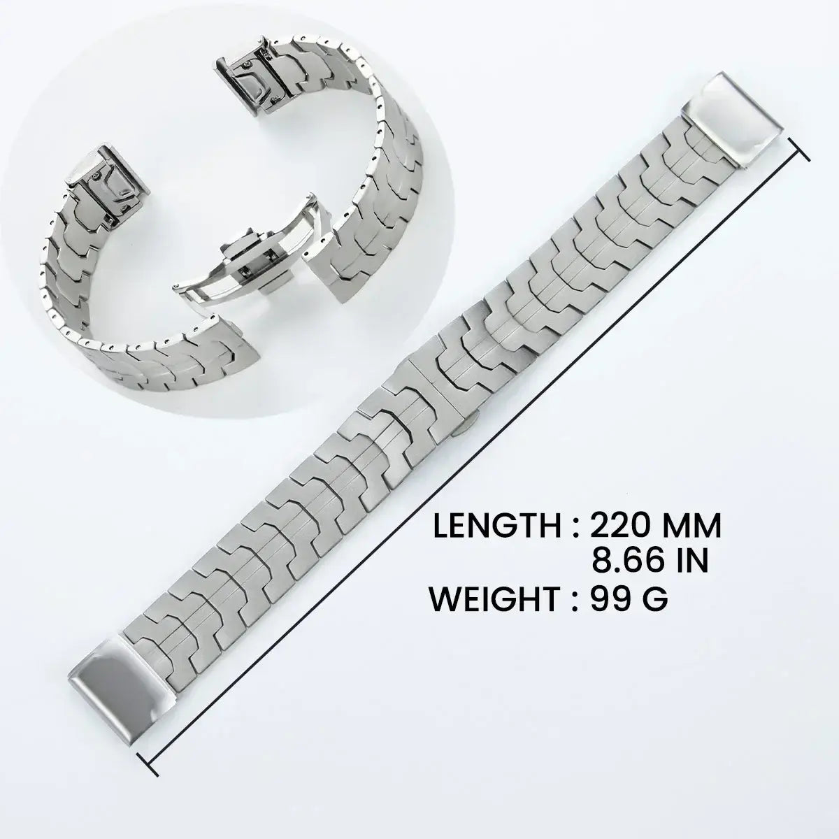 Stainless steel Garmin QuickFit bands, 220 mm length, 99 g weight, designed for style and functionality.