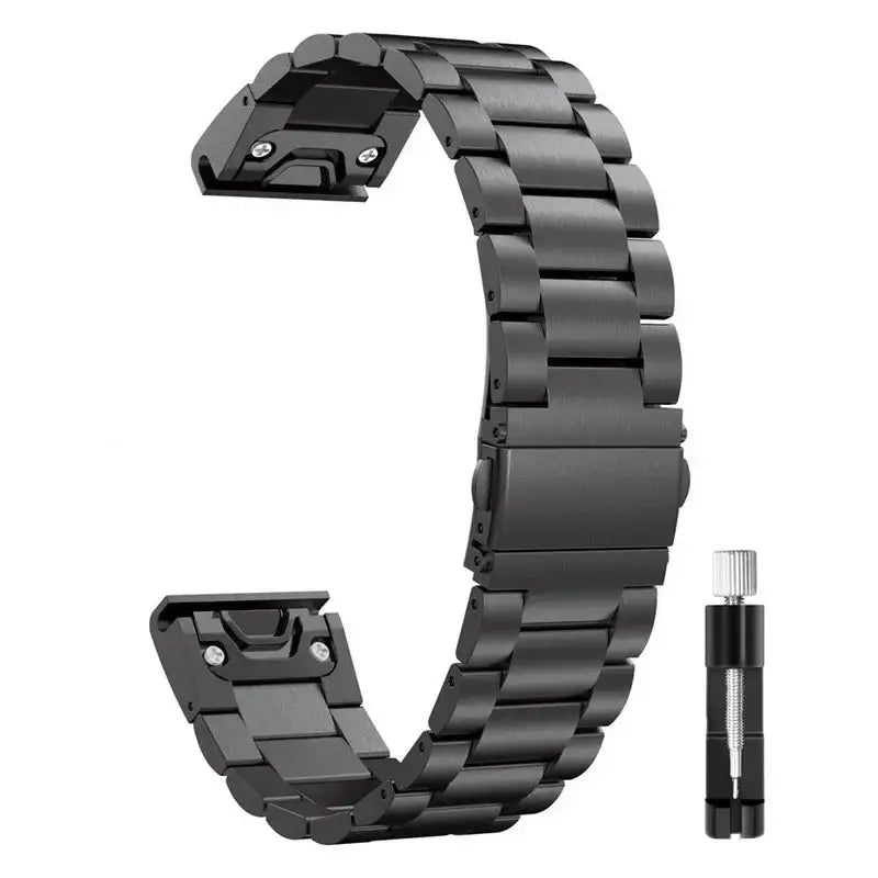 Stainless steel Garmin QuickFit band in sleek black design with tool for easy installation and adjustment.