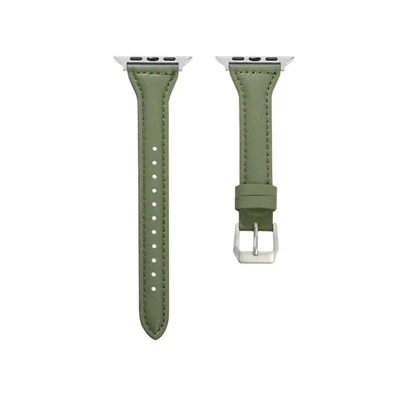 Slim green leather strap for Apple Watch, combining durability and sophistication with a sleek design.