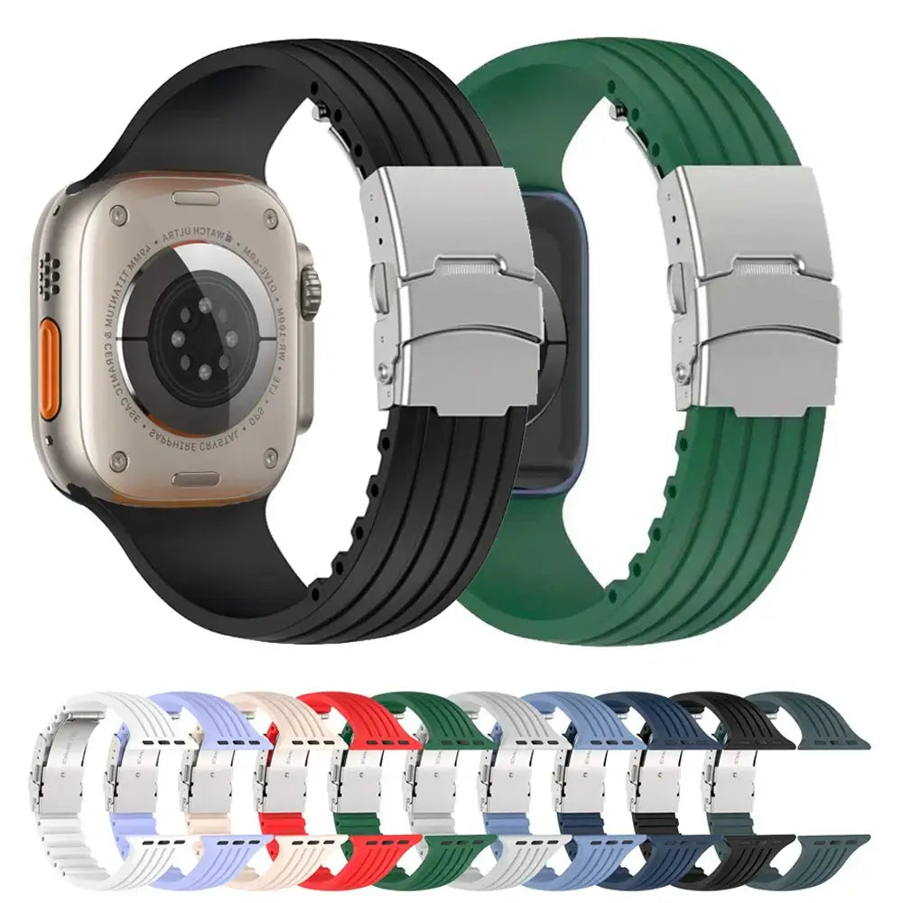 Silicone Apple Watch bands in various colors with metal buckles, showcasing style and durability for any occasion.
