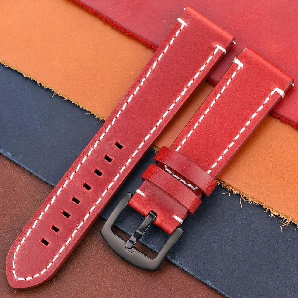 Durable red leather Suunto watch band with white stitching, perfect for active lifestyles and stylish everyday wear.