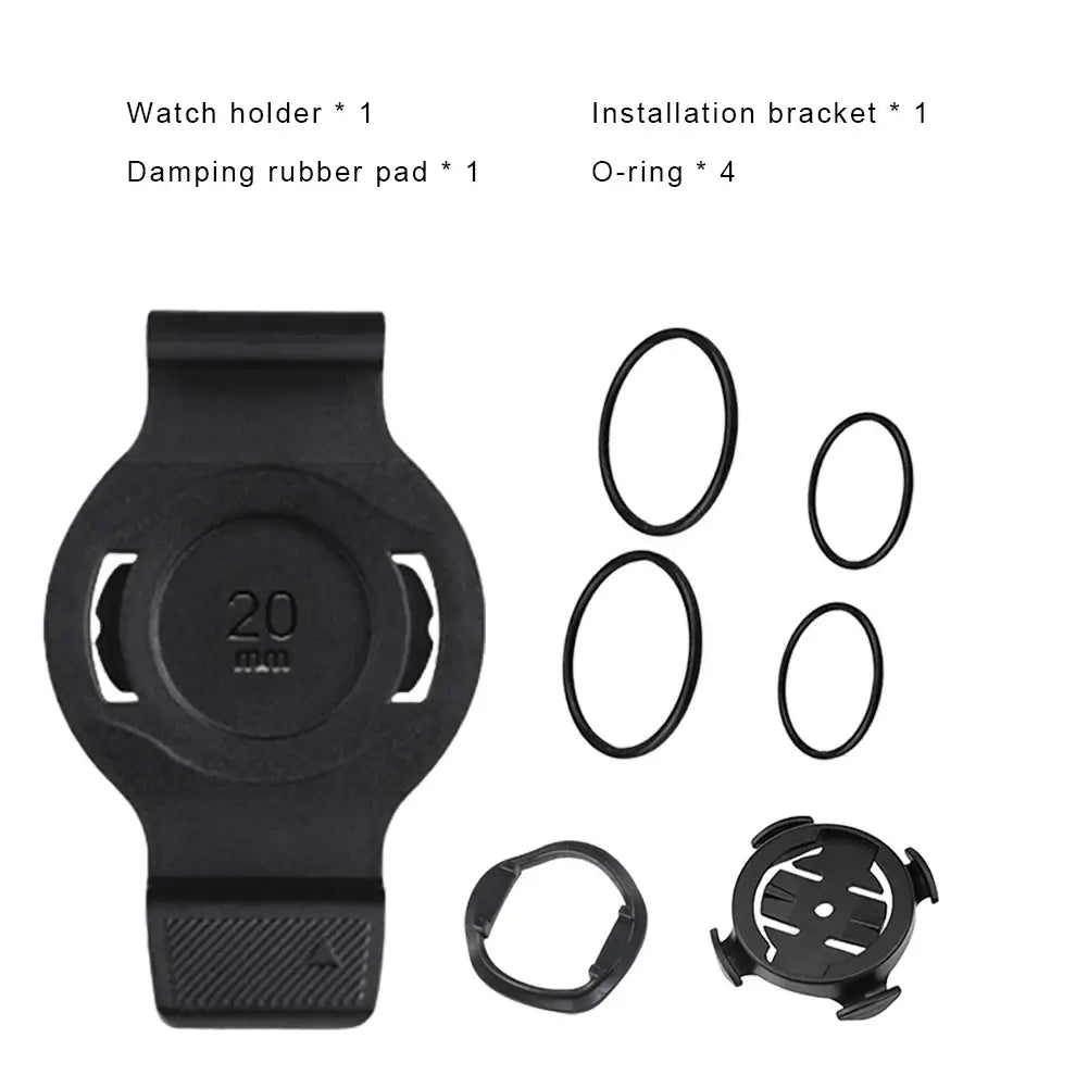 Garmin smartwatch bike mount accessories including watch holder, damping rubber pad, installation bracket, and O-rings.