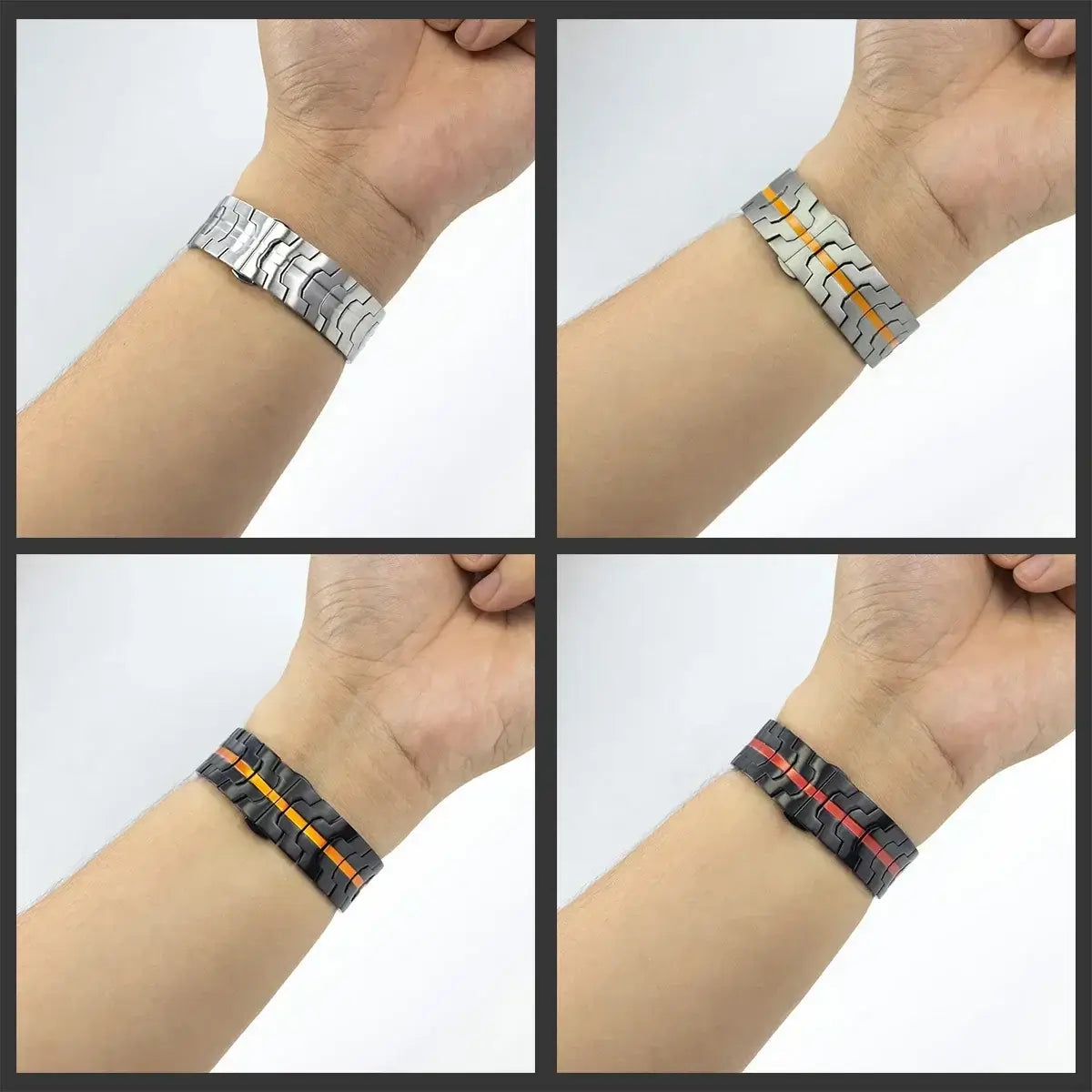 Stainless steel Garmin QuickFit bands in various colors and styles showcased on wrists for easy wear and stylish look.