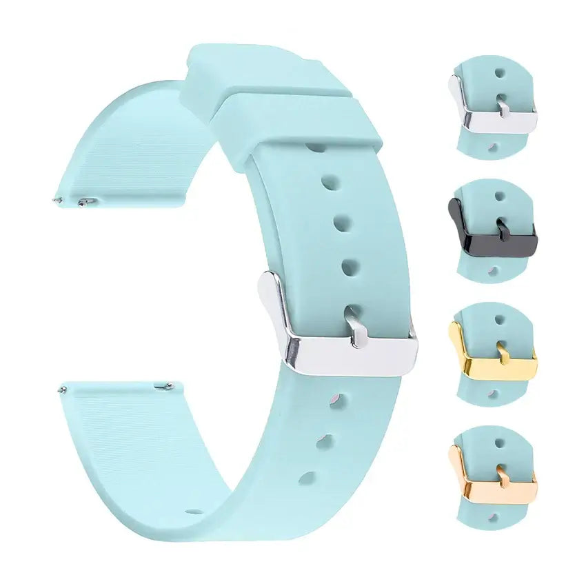 Silicone strap for Samsung Galaxy Watch in light blue with interchangeable buckles in black, silver, and gold.
