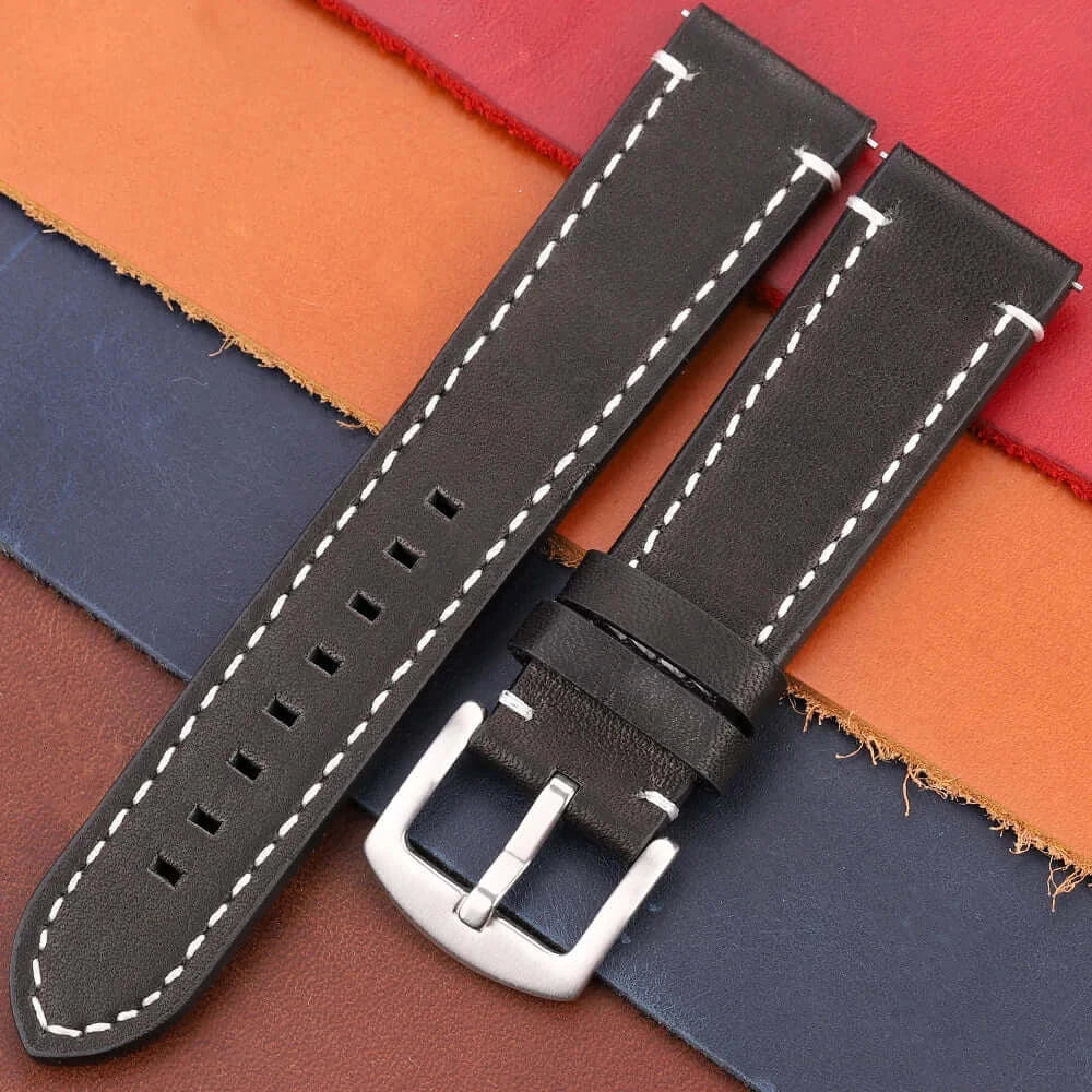 Black leather Suunto watch band with white stitching, showcasing durability and style for active lifestyles.