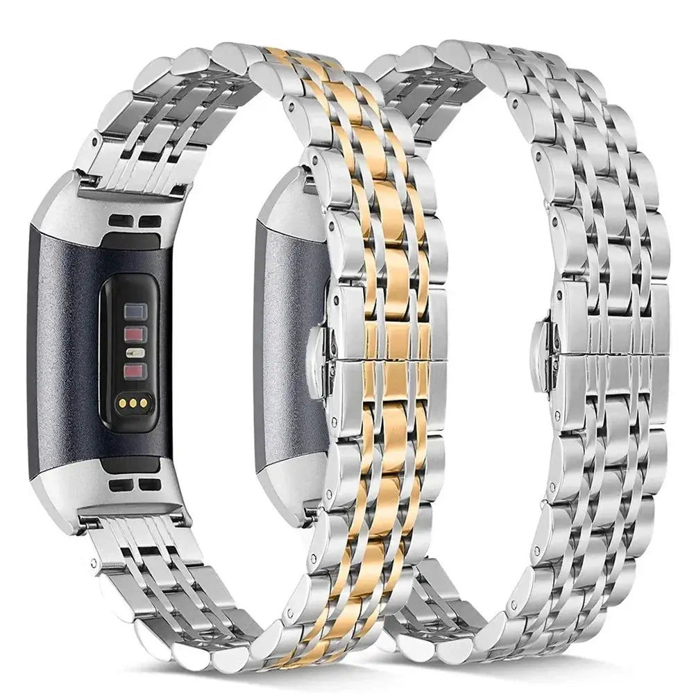 Stylish metal bands for Fitbit Charge 2, 3, 4, 5, and 6 in silver and gold colors, combining elegance and durability.