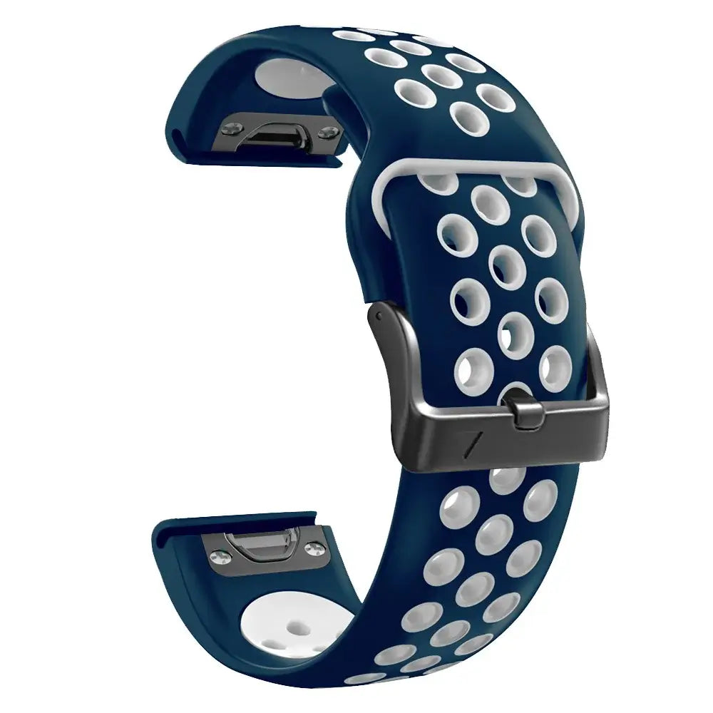 Breathable silicone Garmin QuickFit band in dark blue with white holes for minimalist style and easy installation.