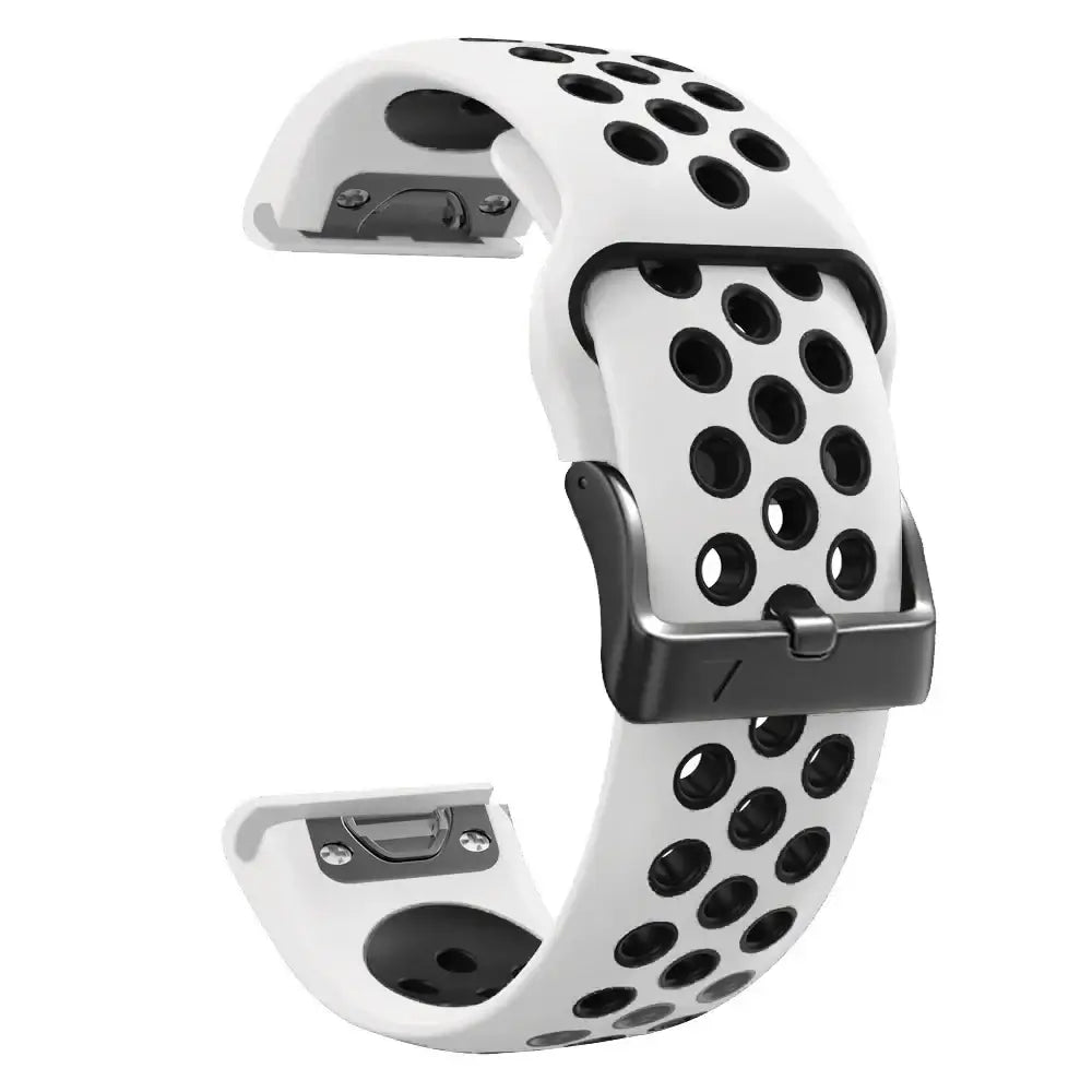 Breathable white sports silicone Garmin QuickFit band with black holes for ventilation and a minimalist design.