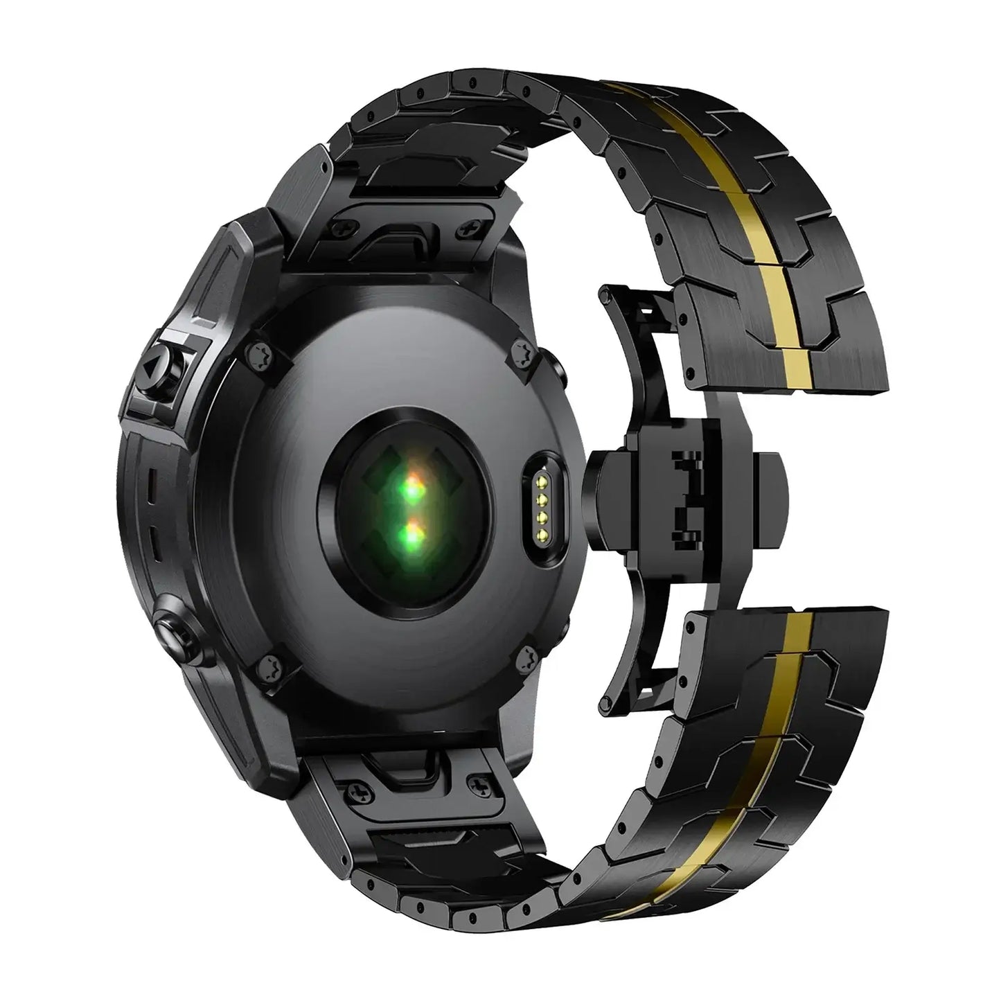 Stainless steel Garmin QuickFit band, featuring a sleek black and gold design for style and practicality.