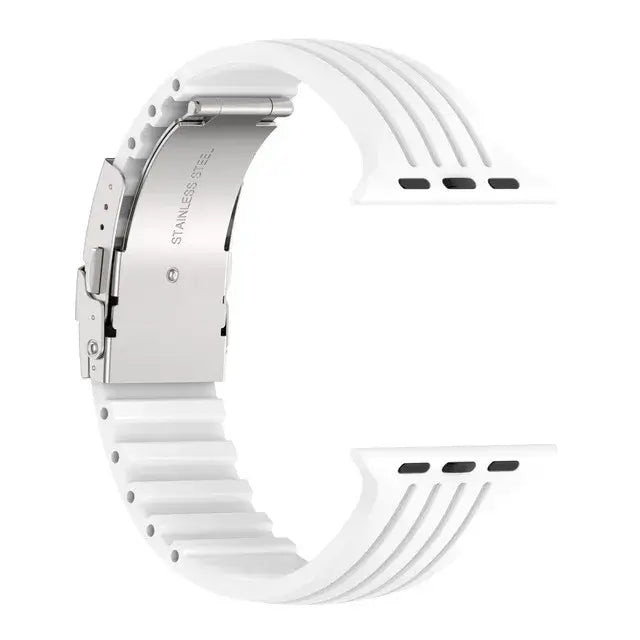 Silicone Apple Watch band in white with metal buckle, offering stylish design and durability for any occasion.