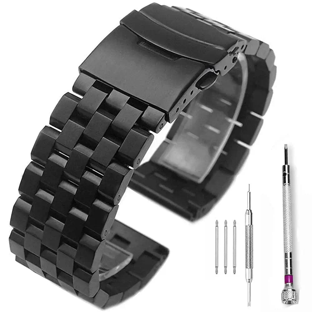 Black stainless steel strap for Ticwatch with adjustable fit and tool kit for easy installation.