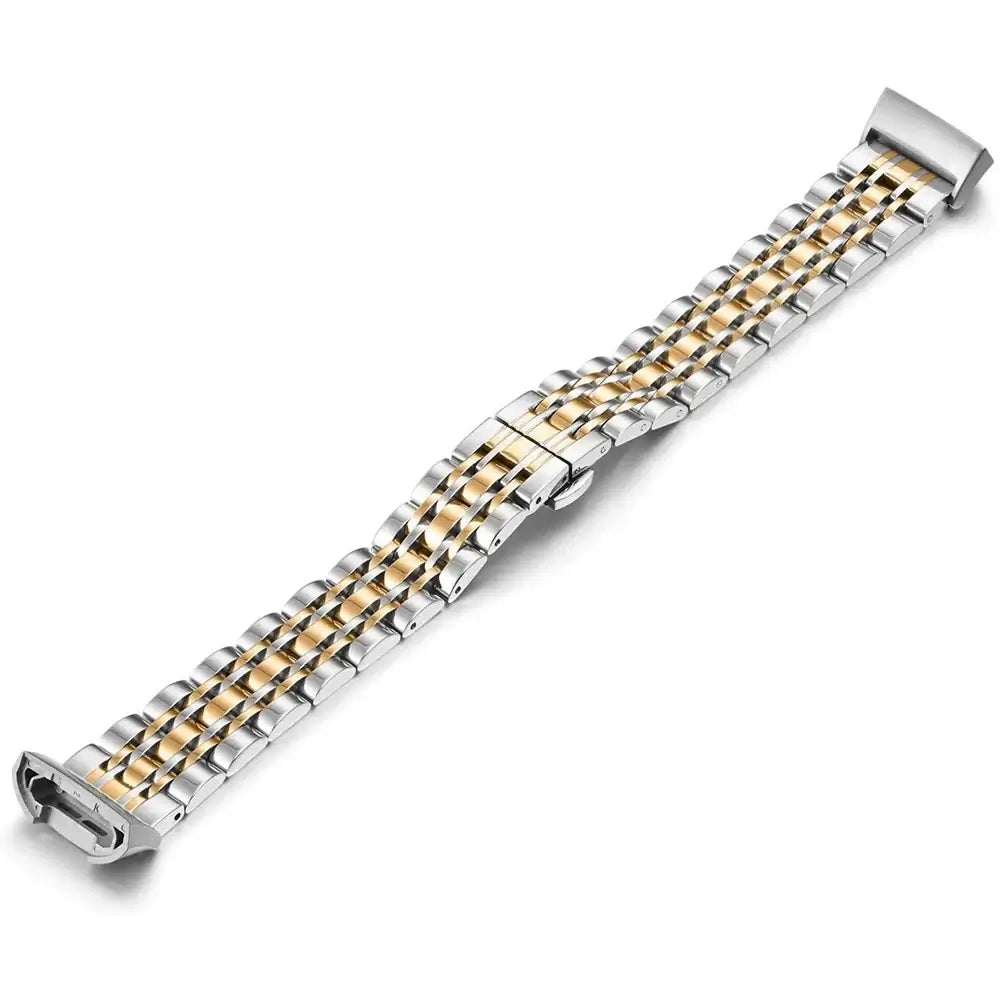 Chic metal band for Fitbit Charge 5, 6, 3, 4, and 2, featuring a stylish silver and gold design for a sophisticated look.