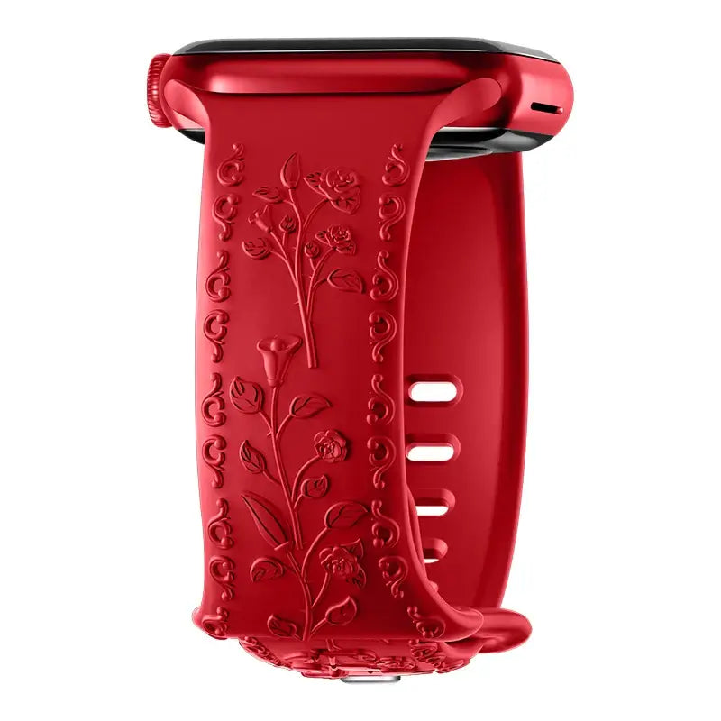 Flower engraved red strap for Apple Watch, stylish and durable accessory for enhancing your smartwatch.