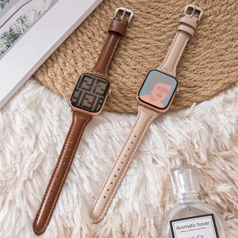 Slim leather straps for Apple Watch in brown and beige, showcasing sophistication and premium craftsmanship.