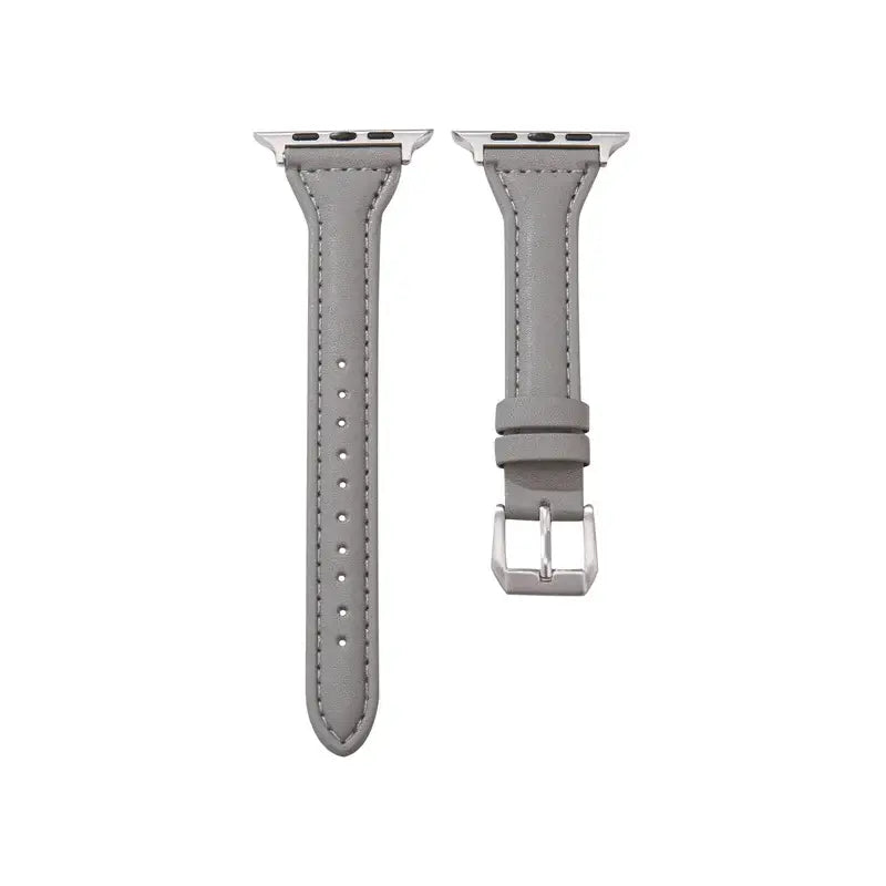 Slim gray leather straps for Apple Watch, featuring a sleek design and premium materials for a sophisticated look.