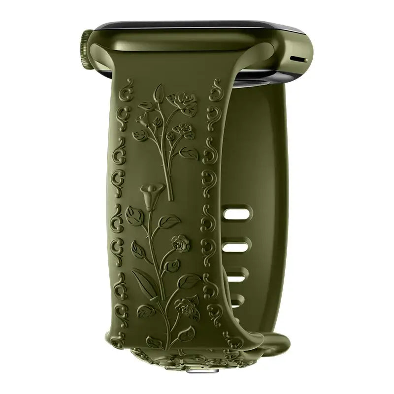 Flower engraved Apple Watch band in olive green, combining style and durability for a chic daily accessory.