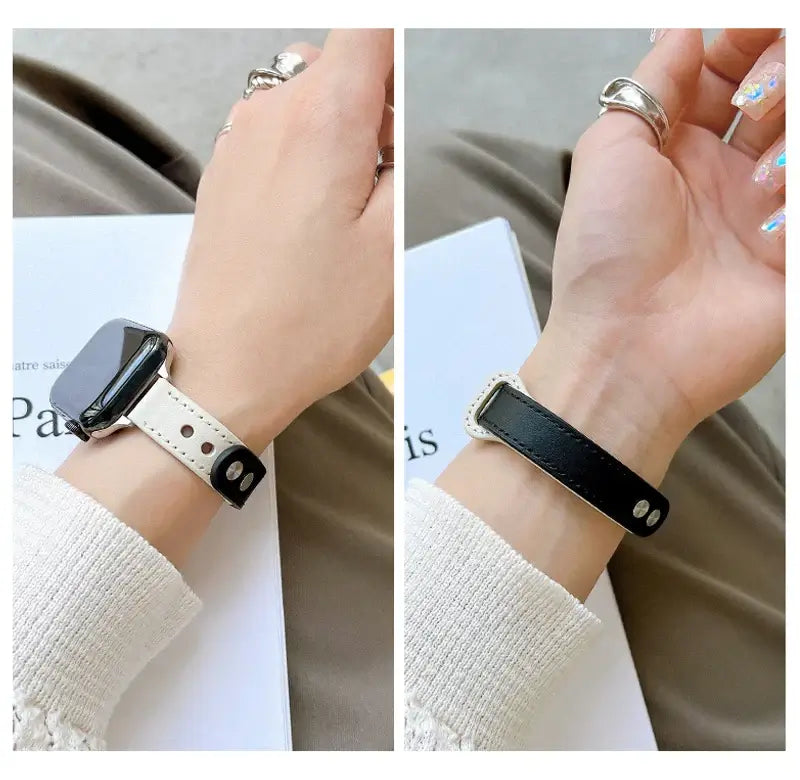 Stylish thin leather Apple Watch band in black and white, showcasing versatility and elegance for any outfit.