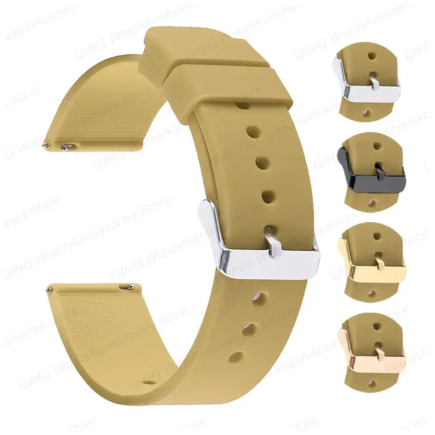 Stylish silicone strap for Samsung Galaxy Watch in beige, includes metal buckles in silver, gold, and black.