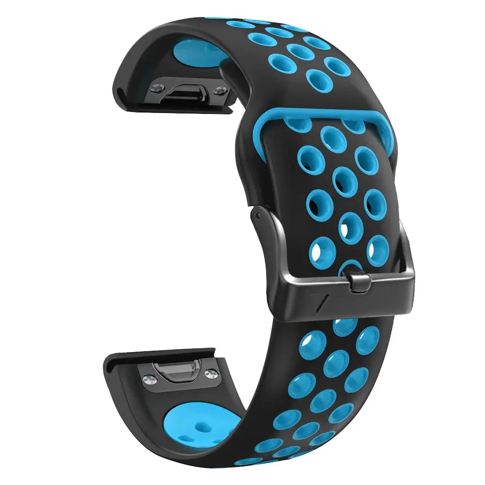 Breathable black and blue silicone Garmin QuickFit band designed for easy installation and a modern minimalist look.
