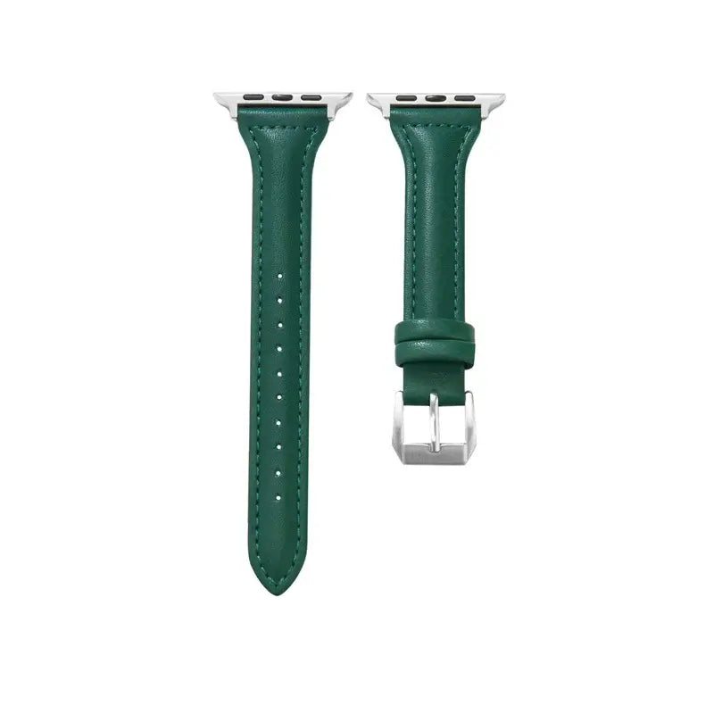 Slim green leather strap for Apple Watch, showcasing a sleek design with premium materials and durable finish.