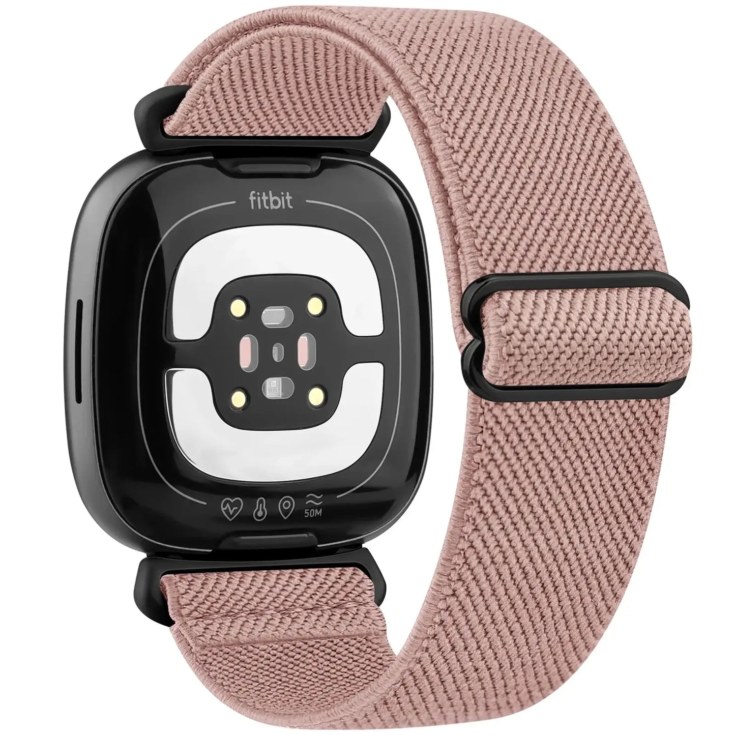 Stylish nylon band for Fitbit Versa and Sense in elegant rose color, enhancing comfort and smartwatch aesthetics.