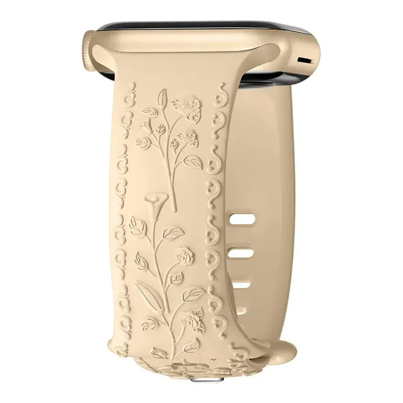 Flower engraved Apple Watch band in soft beige, combining style and durability for a chic smartwatch upgrade.
