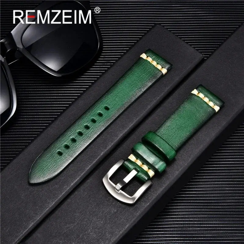 Green leather watch band with silver buckle, stylish design, perfect for upgrading your Suunto watch's look.