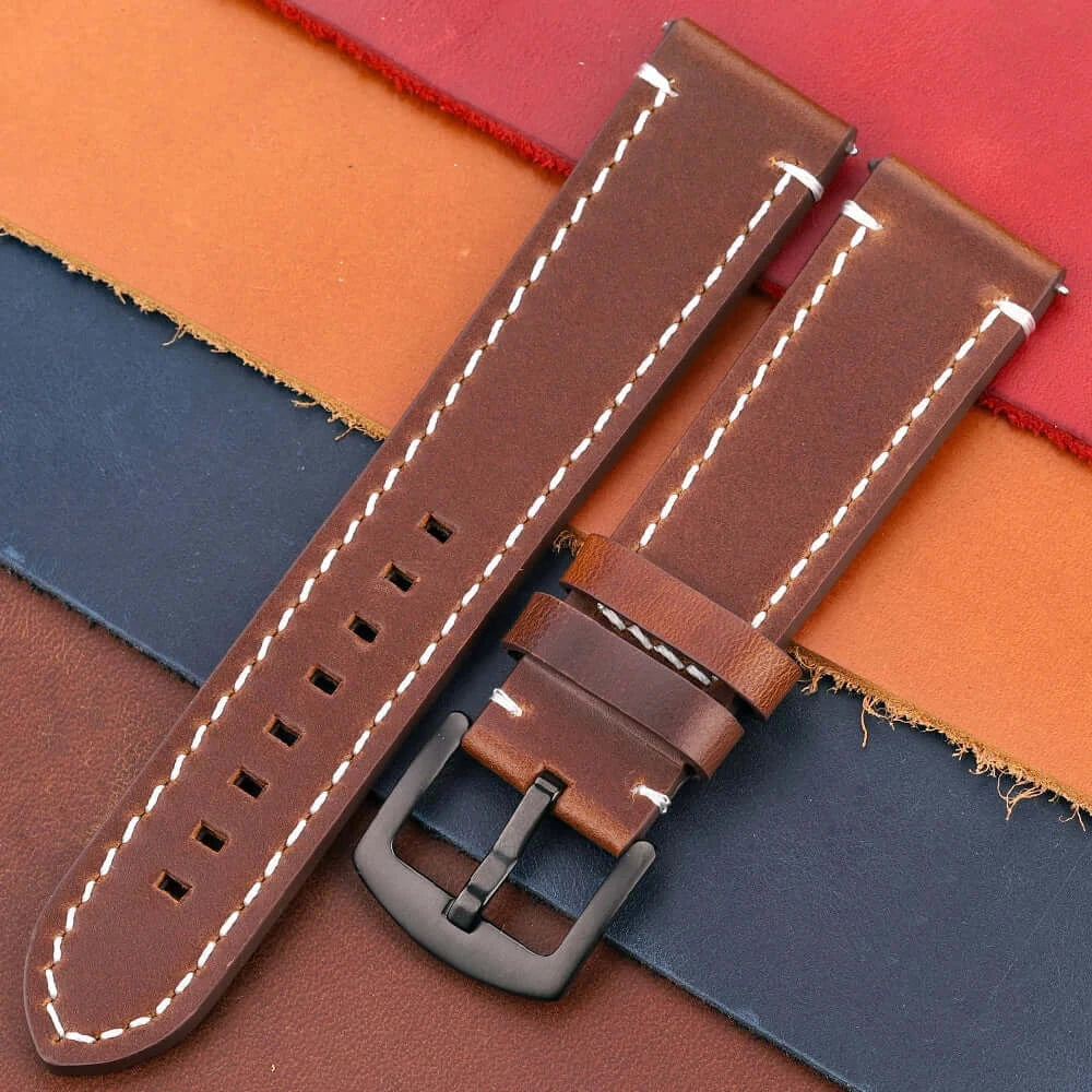 Durable brown leather Suunto watch band with white stitching, perfect for active lifestyles and stylish comfort.