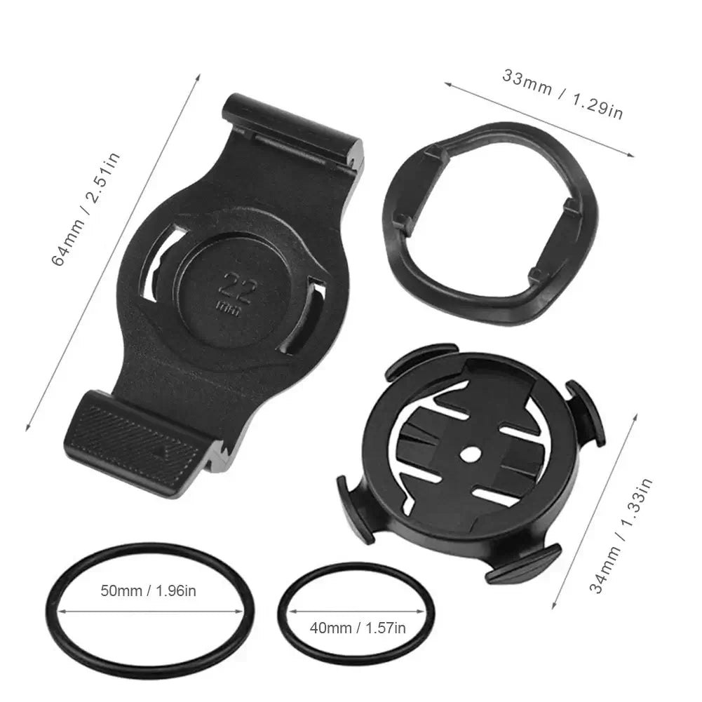 Garmin smartwatch bike mount accessories including base, holder, and rubber rings for secure fit and durability.