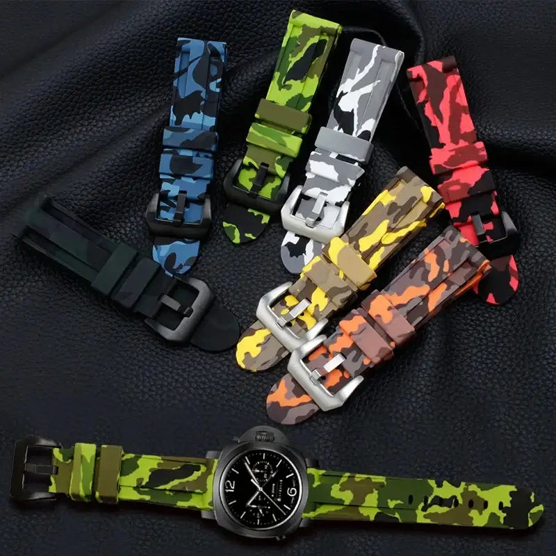Colorful silicone camouflage Huawei watch bands displayed with a stylish watch on a textured surface.