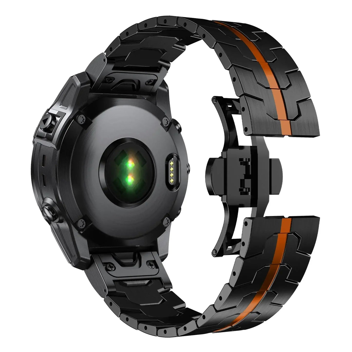 Stainless steel Garmin QuickFit band with sleek black and orange design, perfect for style and daily wear.
