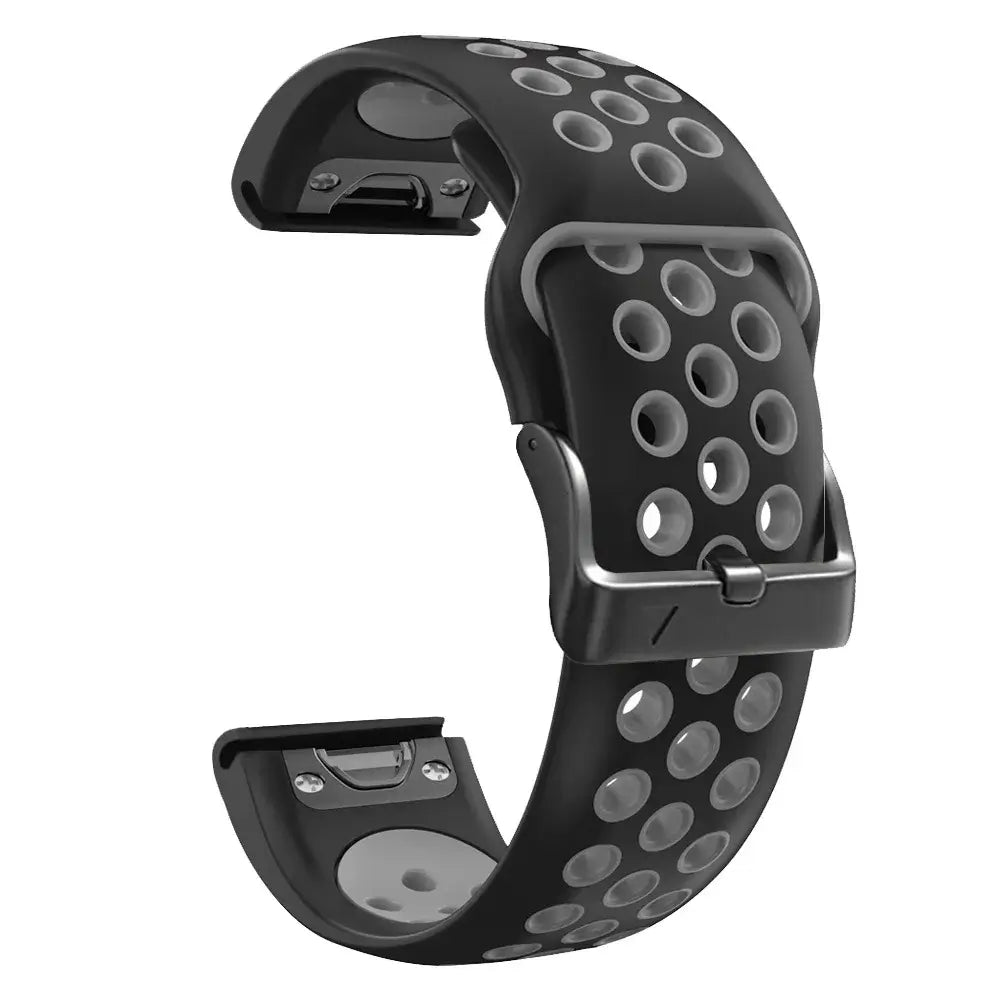 Breathable black silicone Garmin QuickFit band with modern hole design for easy installation and minimalist look.
