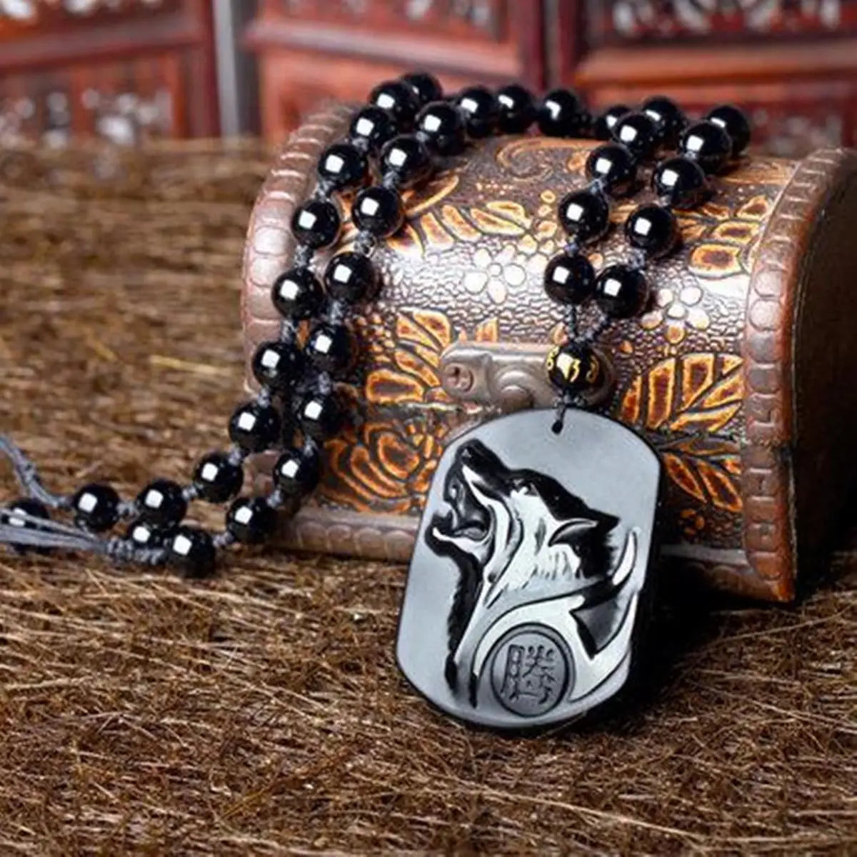Carved Obsidian Wolf Head Pendant Necklace on Obsidian Bead Chain