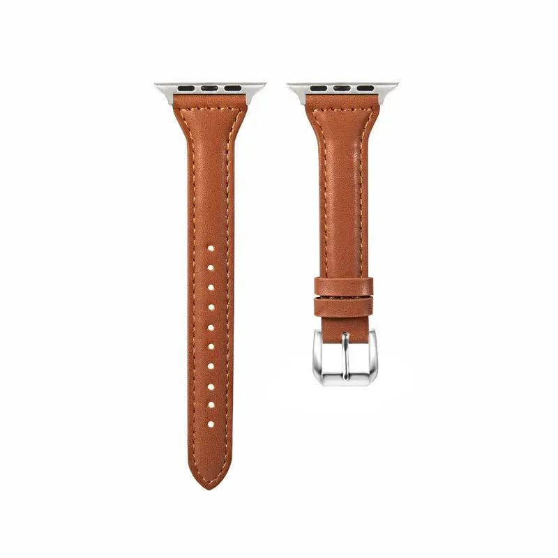 Slim leather straps for Apple Watch in rich brown, featuring a sleek design and durable materials for a stylish upgrade.