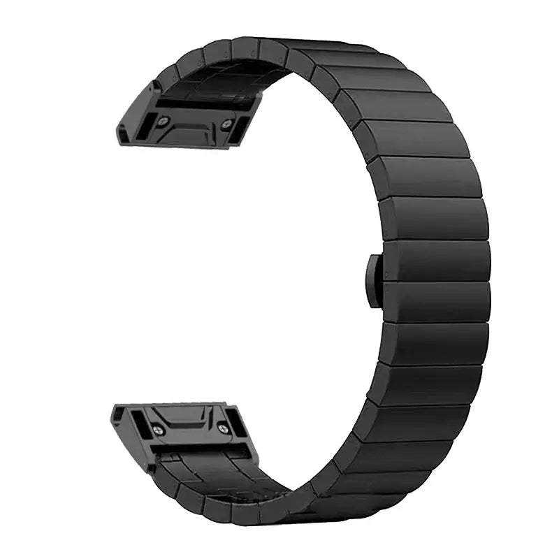 Black stainless steel Garmin smartwatch band with QuickFit attachment system for easy wear.