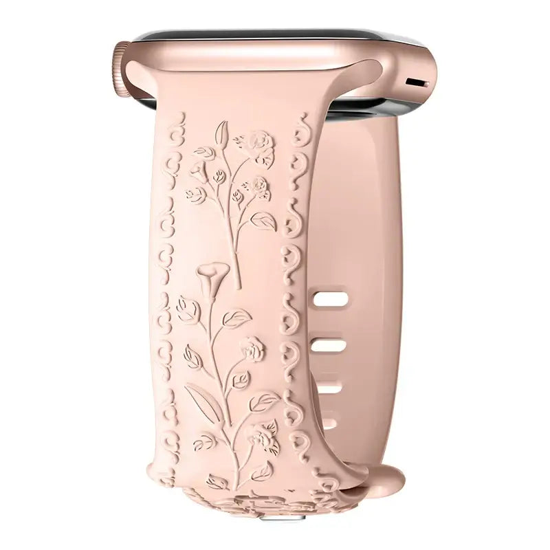 Stylish flower engraved strap for Apple Watch, blending elegance and durability for a chic smartwatch upgrade.