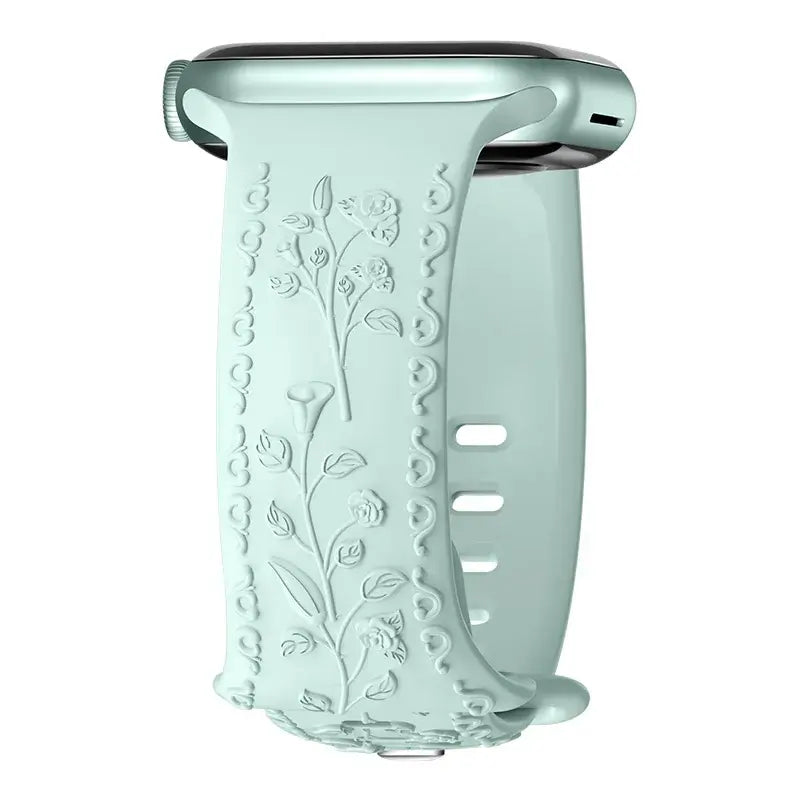 Flower engraved mint Apple Watch band, stylish and durable strap for elegant daily wear.