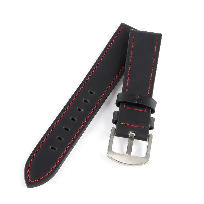 Black leather Suunto watch band with red stitching and metal buckle for stylish smartwatch upgrades.