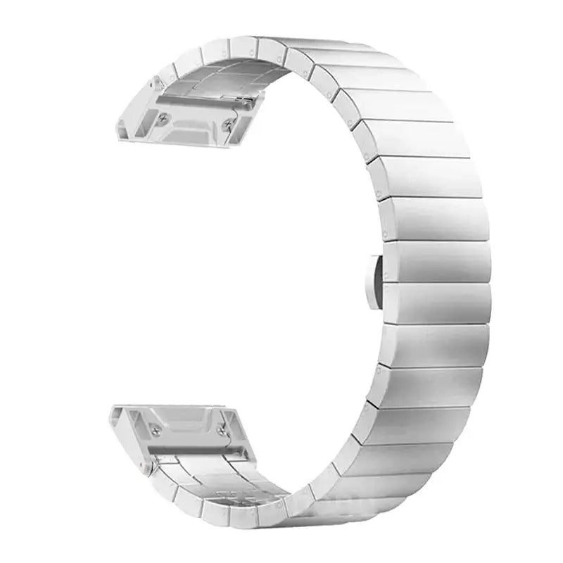 Stainless steel Garmin smartwatch band showcasing a sleek QuickFit design for effortless style and comfort.