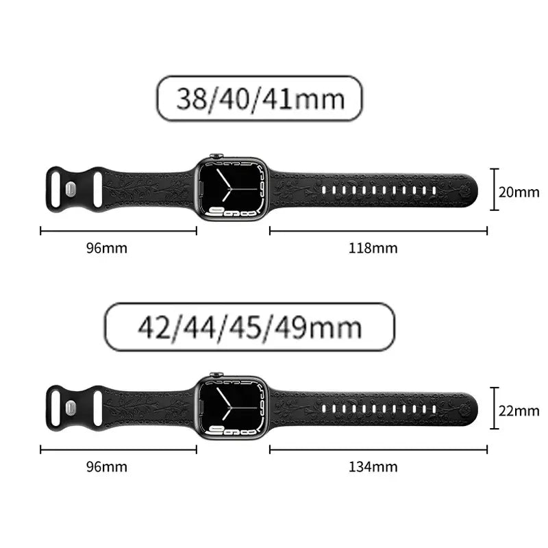 Apple Watch band size dimensions showing options for 38/40/41mm and 42/44/45/49mm straps.