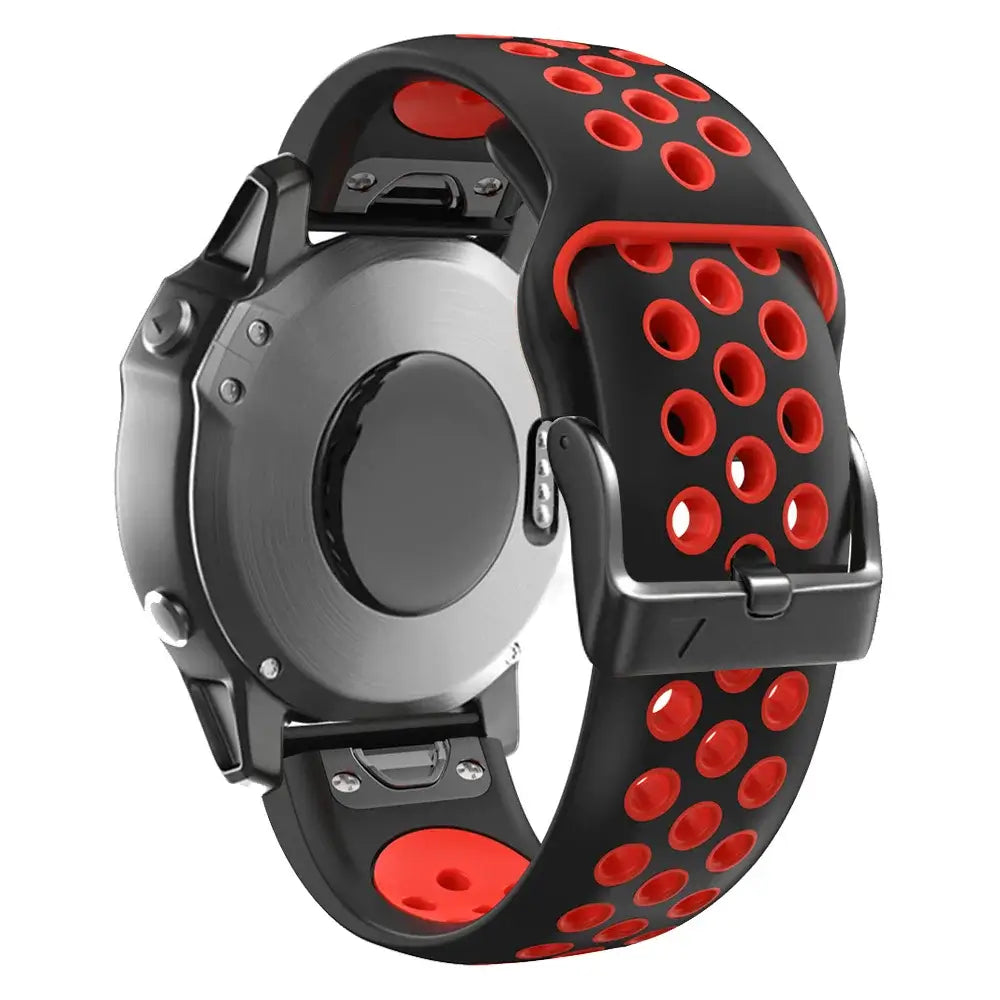 Breathable black and red silicone Garmin QuickFit band showcasing easy installation and modern style.