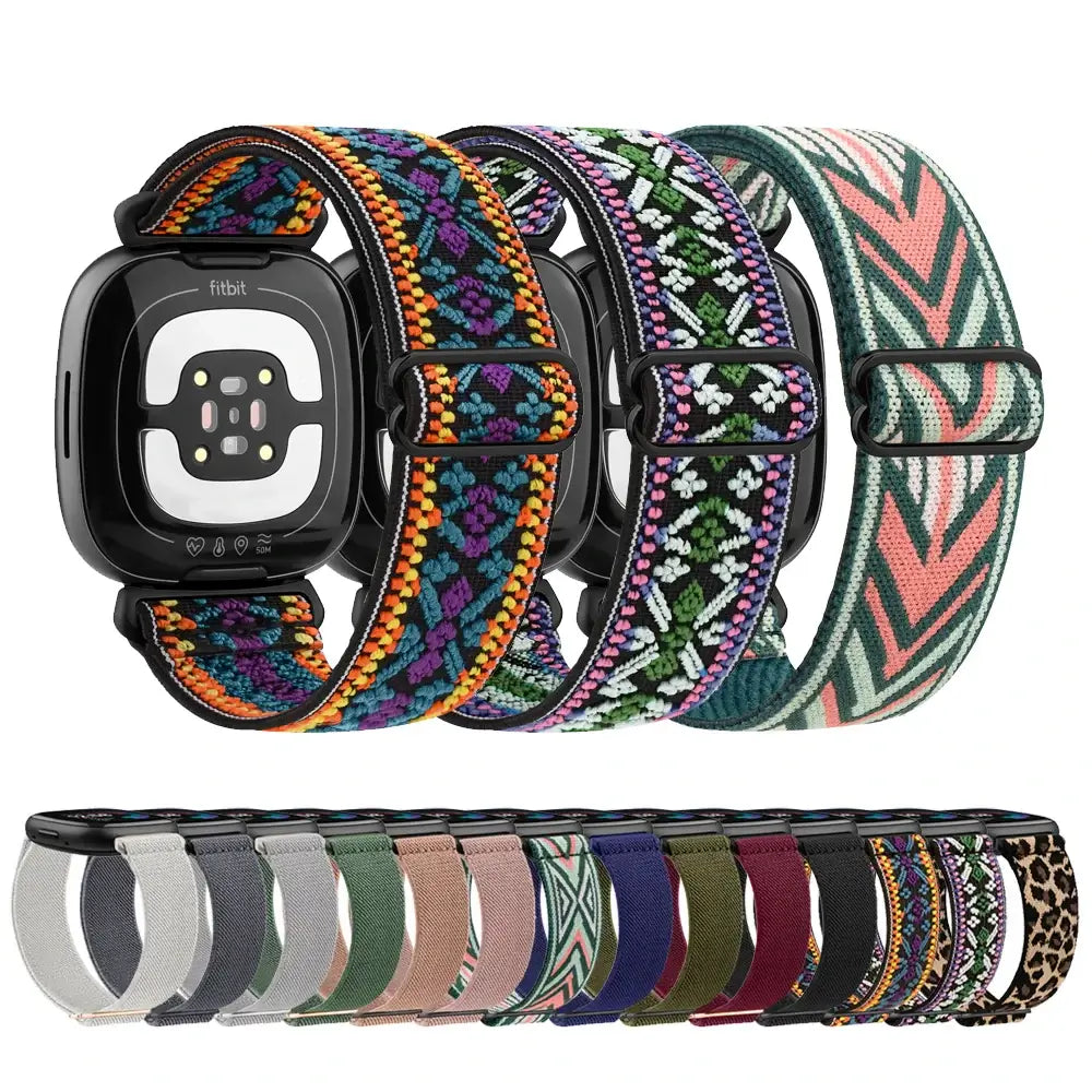 Colorful nylon bands for Fitbit Versa and Sense, showcasing stylish designs and comfort for your smartwatch.