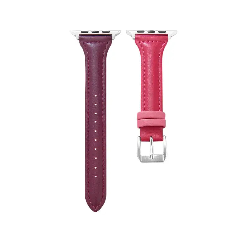 Slim leather Apple Watch straps in burgundy and pink, showcasing a sleek design and premium craftsmanship.