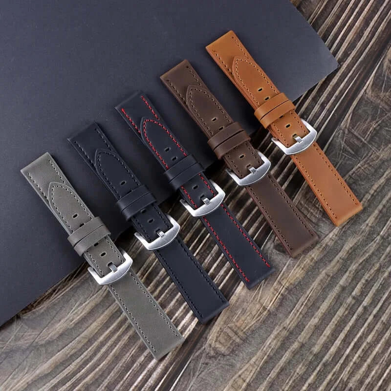Assortment of leather Samsung Galaxy Watch straps in various colors, showcasing style and durability for any occasion.