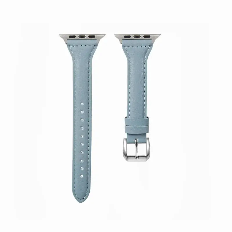 Slim light blue leather straps for Apple Watch, designed for durability and style, enhancing your smartwatch experience.