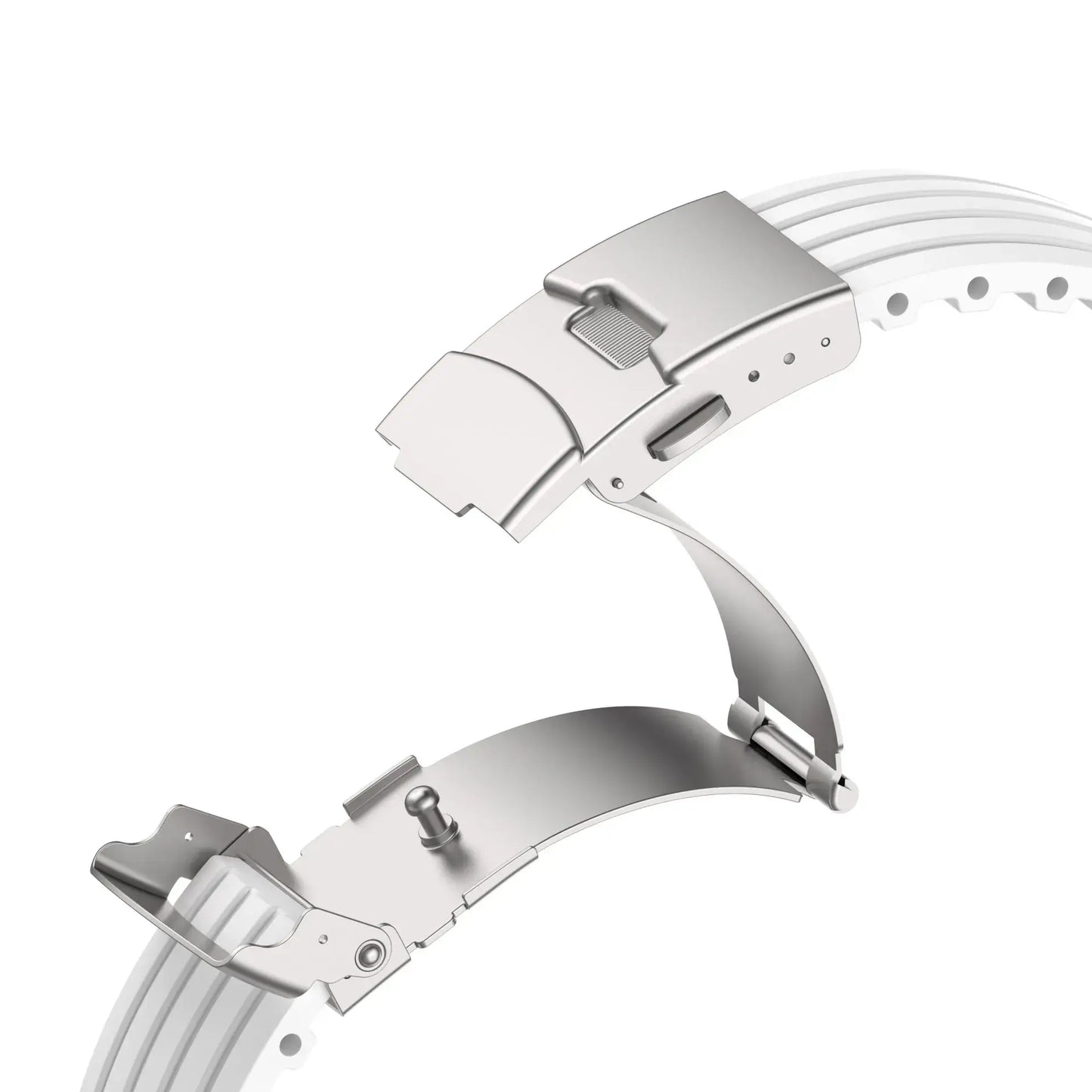 Close-up of silicone Apple Watch band with metal buckle, showcasing elegant design and durable construction.