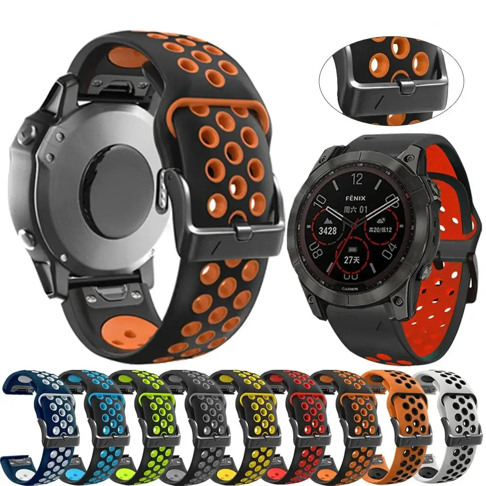 Breathable silicone Garmin bands in various colors, featuring a sleek QuickFit design for easy installation and style.