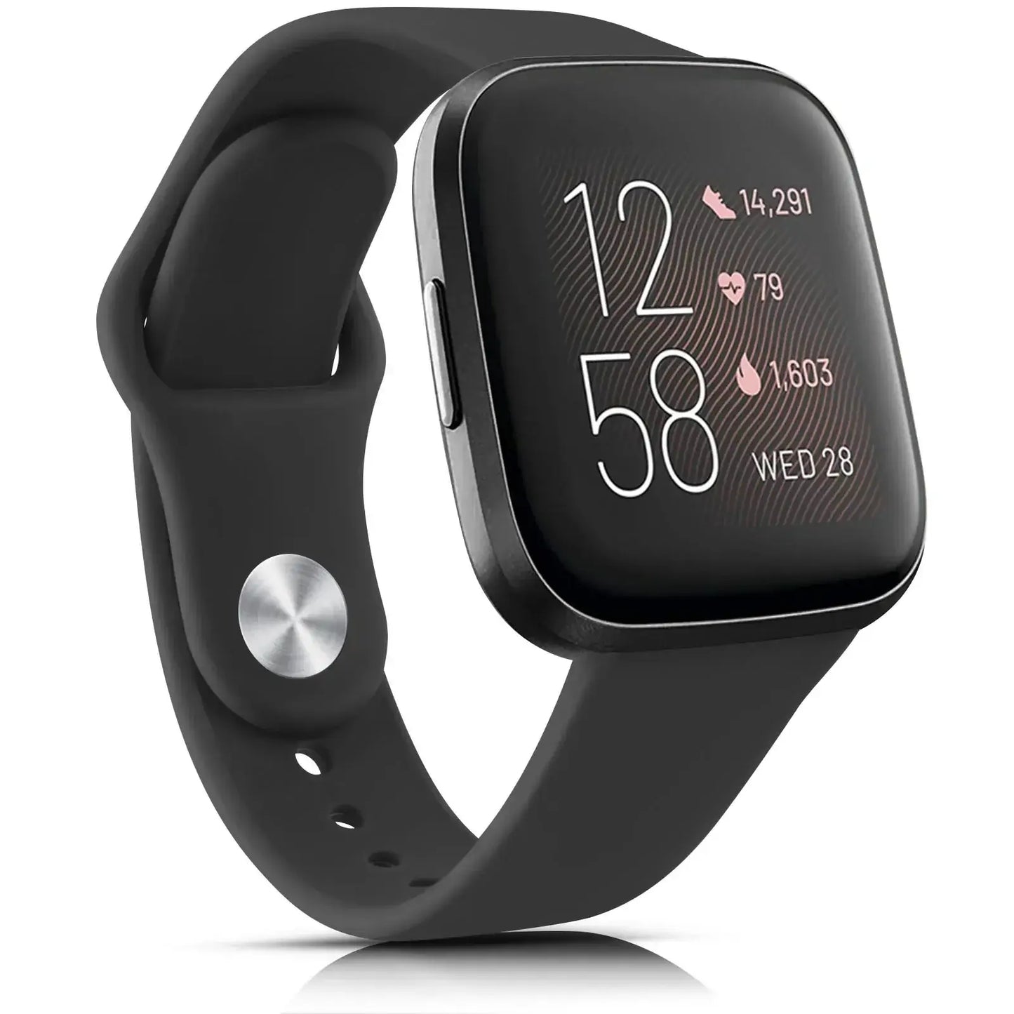 Stylish black silicone band for Fitbit Versa and Sense, enhancing smartwatch design with personalized flair.