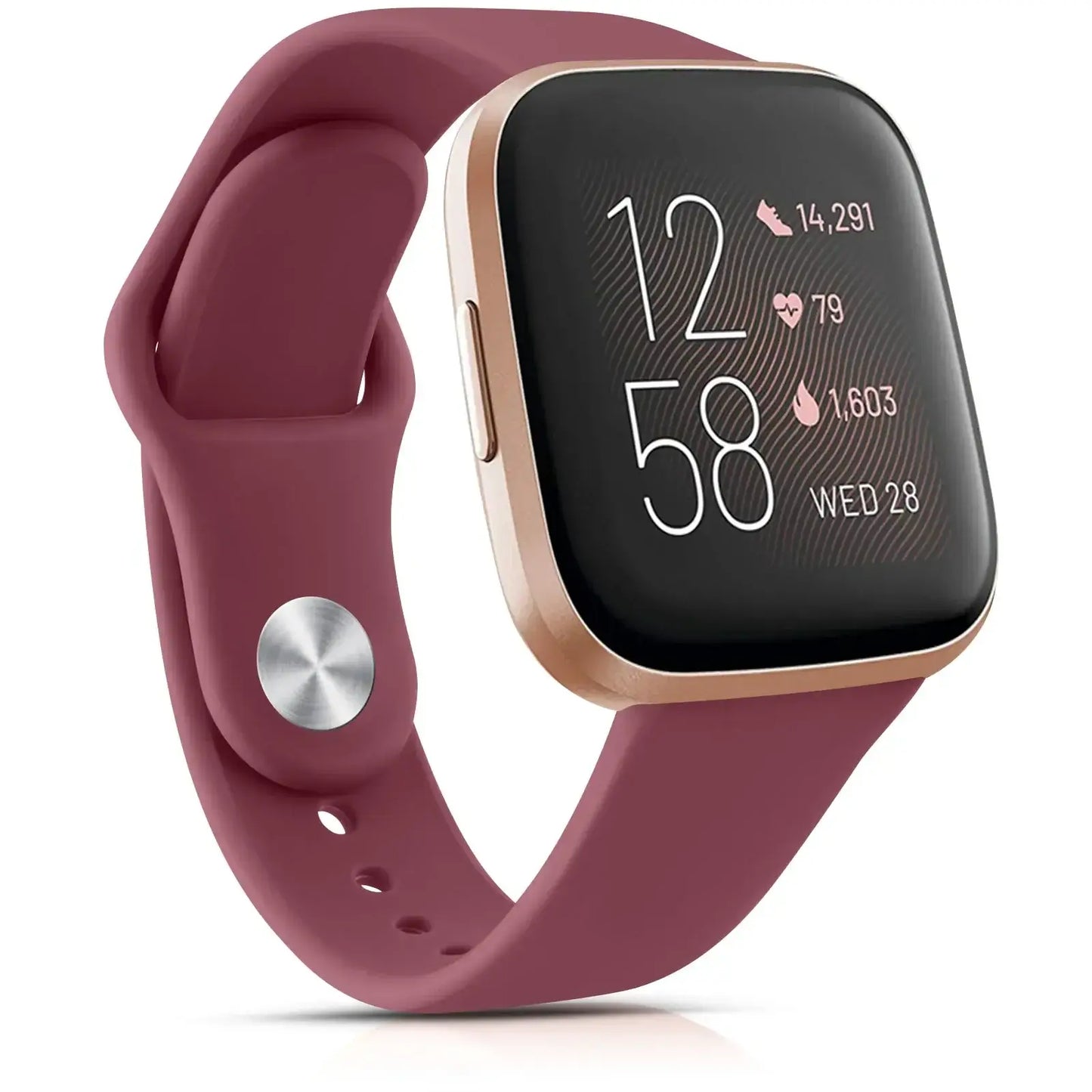 Stylish maroon silicone band for Fitbit Versa and Sense, enhancing smartwatch appearance with a modern look.
