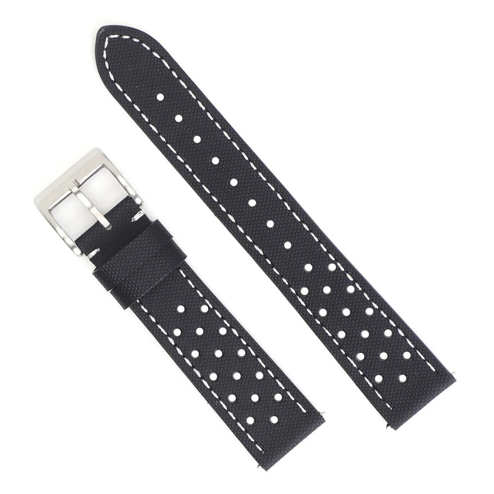 Garmin 18/20/22mm Quick Release Perforated Sailcloth Rally Band in Black with White Stitching and Silver Buckle